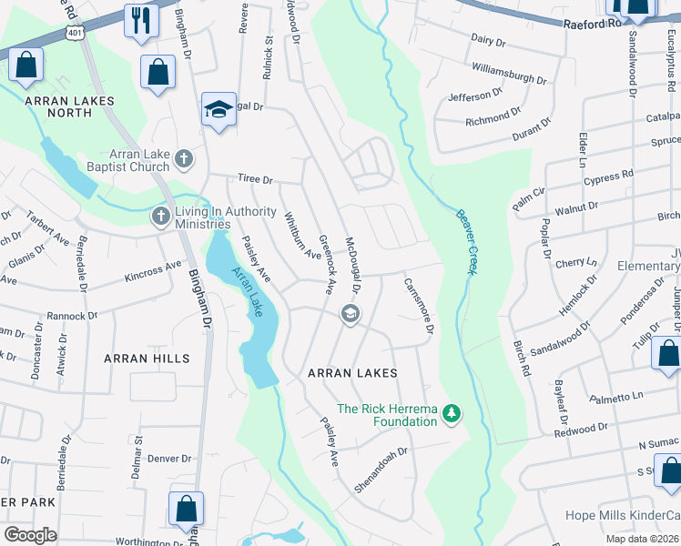 map of restaurants, bars, coffee shops, grocery stores, and more near 1467 Greenock Avenue in Fayetteville