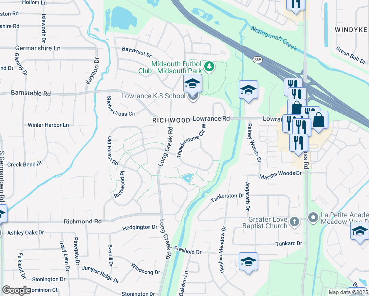 map of restaurants, bars, coffee shops, grocery stores, and more near 4264 Thunderstone Circle West in Memphis