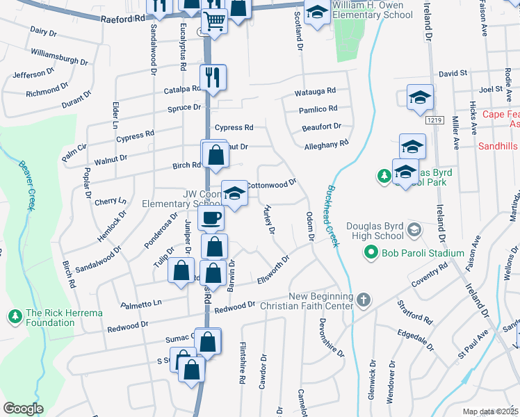 map of restaurants, bars, coffee shops, grocery stores, and more near 805 Tupelo Circle in Fayetteville