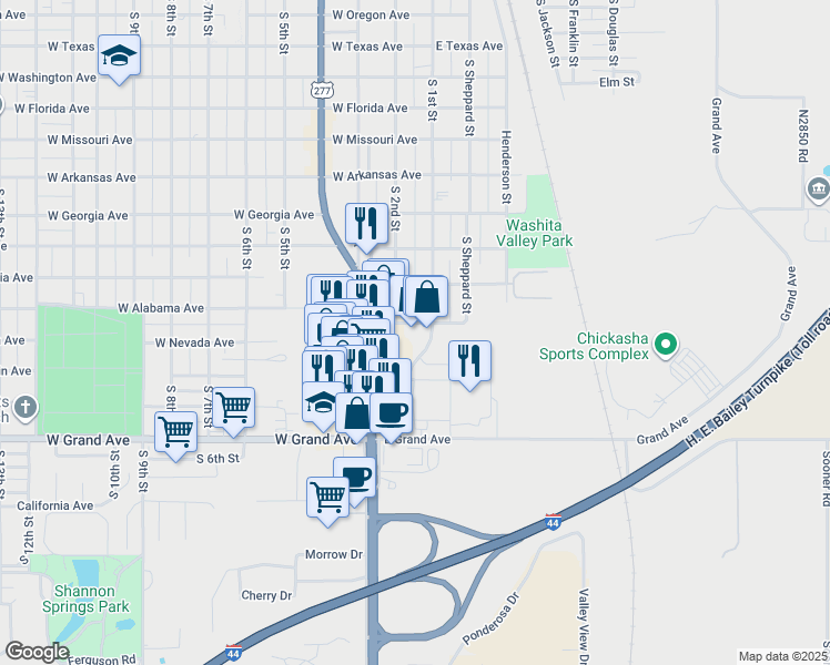 map of restaurants, bars, coffee shops, grocery stores, and more near 1712 South 1st Street in Chickasha