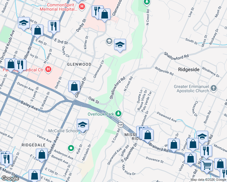 map of restaurants, bars, coffee shops, grocery stores, and more near 34 Shallowford Road in Chattanooga