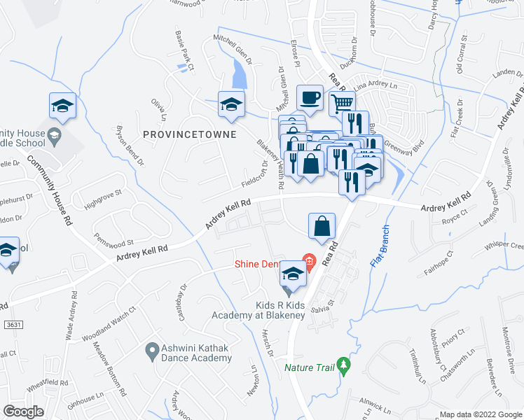 map of restaurants, bars, coffee shops, grocery stores, and more near 9044 Bishop Crest Lane in Charlotte