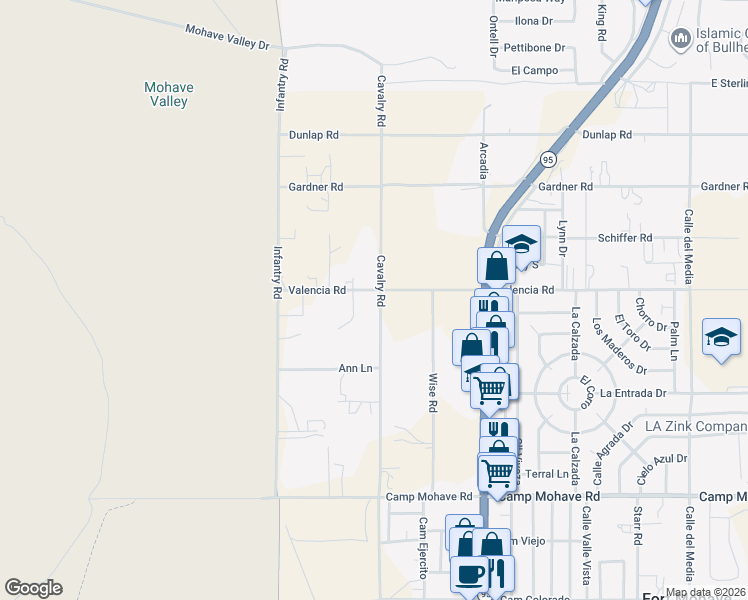 map of restaurants, bars, coffee shops, grocery stores, and more near 1370 Valencia Road in Fort Mohave