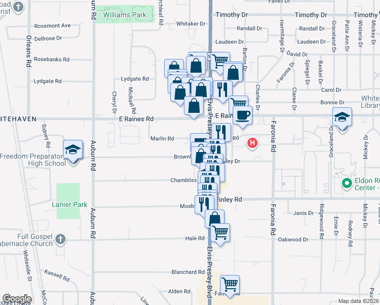 map of restaurants, bars, coffee shops, grocery stores, and more near 1103 Brownlee Road in Memphis