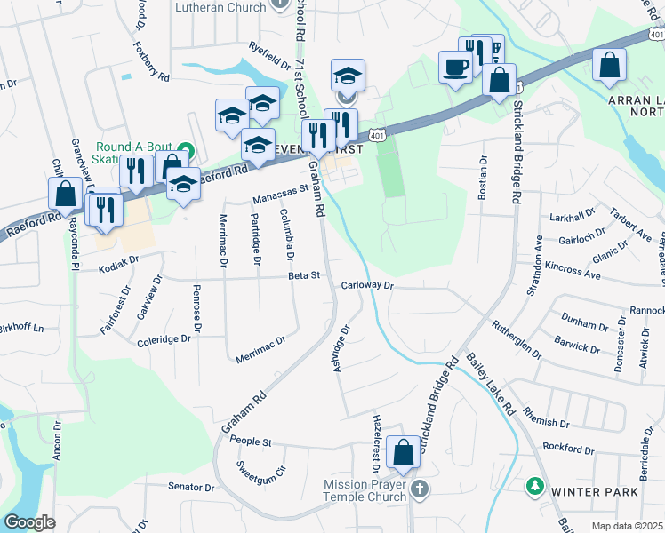 map of restaurants, bars, coffee shops, grocery stores, and more near 7199 Silverstone Drive in Fayetteville