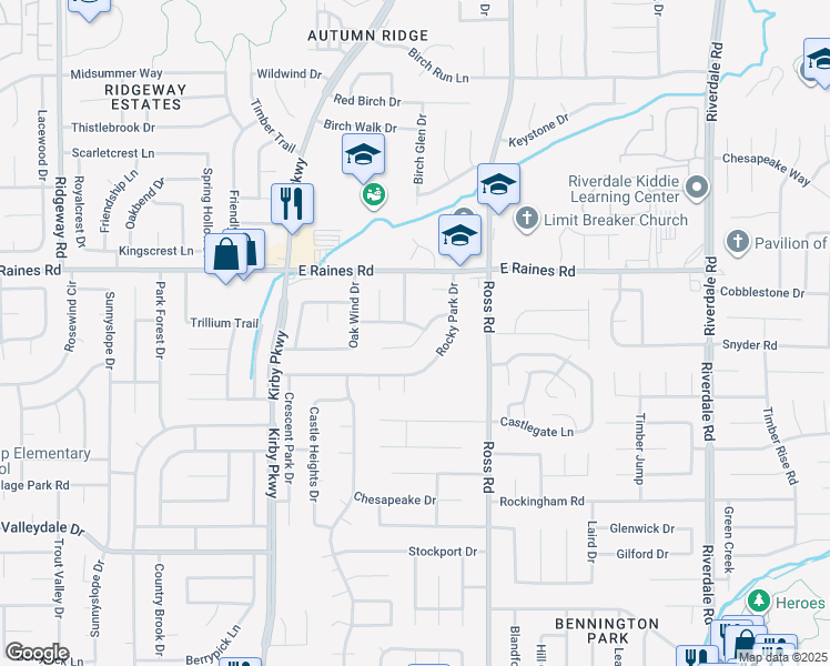map of restaurants, bars, coffee shops, grocery stores, and more near 6617 Meadow Bend Drive in Memphis
