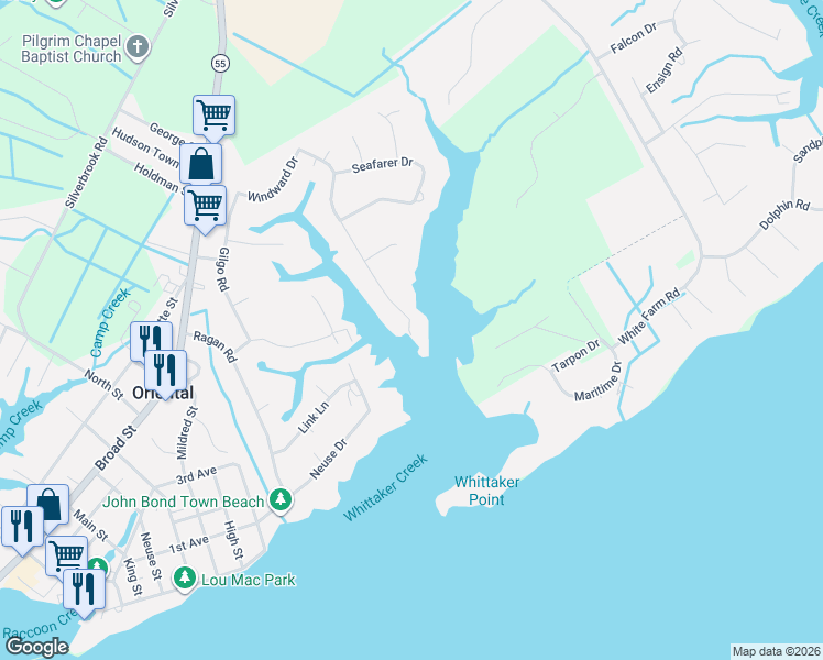 map of restaurants, bars, coffee shops, grocery stores, and more near 301 Whittaker Point Road in Oriental