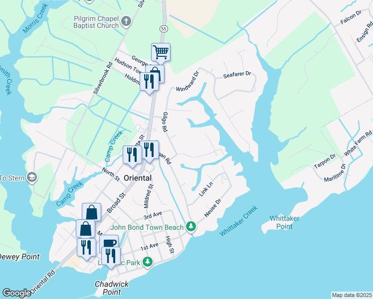 map of restaurants, bars, coffee shops, grocery stores, and more near 1205 Lupton Drive in Oriental