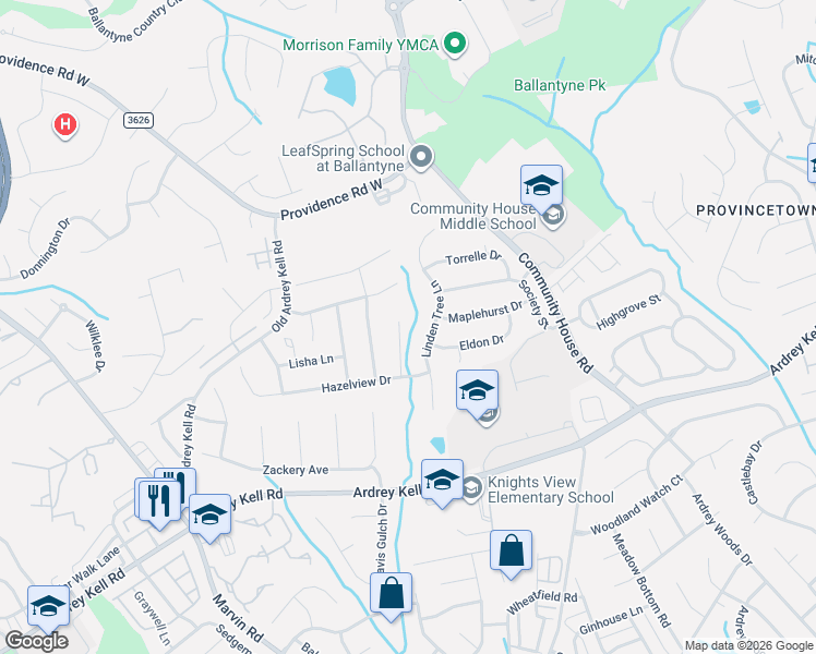 map of restaurants, bars, coffee shops, grocery stores, and more near 9217 Linden Tree Lane in Charlotte