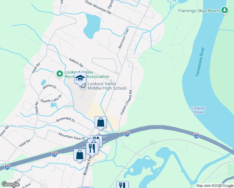 map of restaurants, bars, coffee shops, grocery stores, and more near 346 Browns Ferry Road in Chattanooga