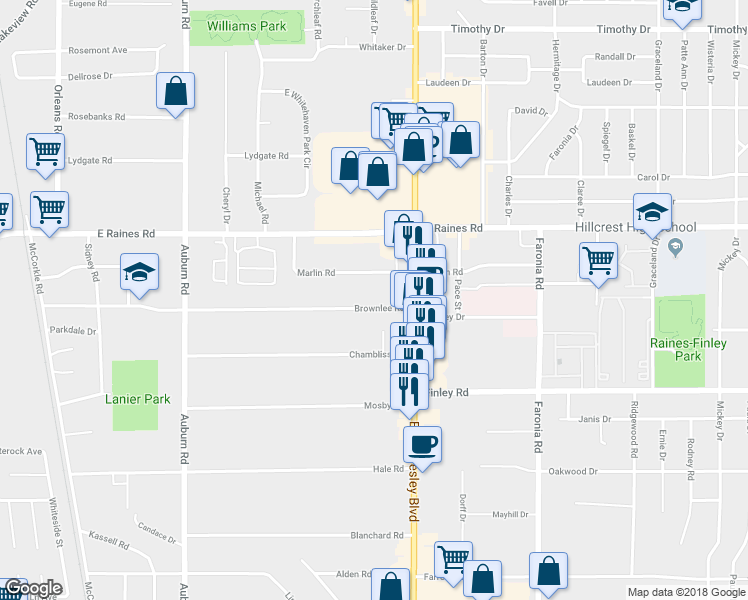 map of restaurants, bars, coffee shops, grocery stores, and more near 1103 Brownlee Road in Memphis