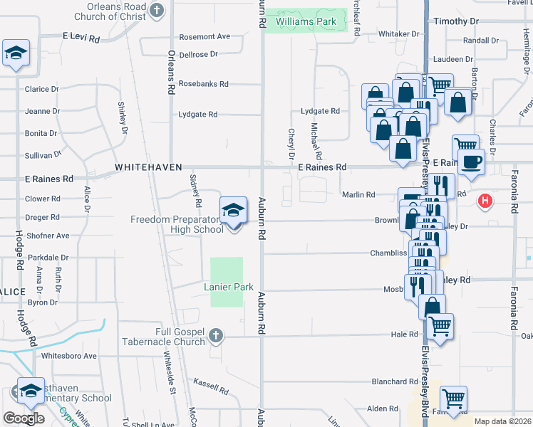 map of restaurants, bars, coffee shops, grocery stores, and more near 889 Brownlee Road in Memphis