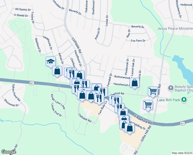 map of restaurants, bars, coffee shops, grocery stores, and more near 7813 Gallant Ridge Drive in Fayetteville