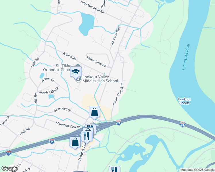 map of restaurants, bars, coffee shops, grocery stores, and more near 346 Browns Ferry Road in Chattanooga