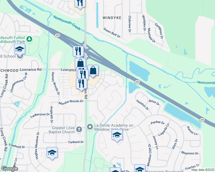 map of restaurants, bars, coffee shops, grocery stores, and more near 8151 Waterford Circle in Memphis