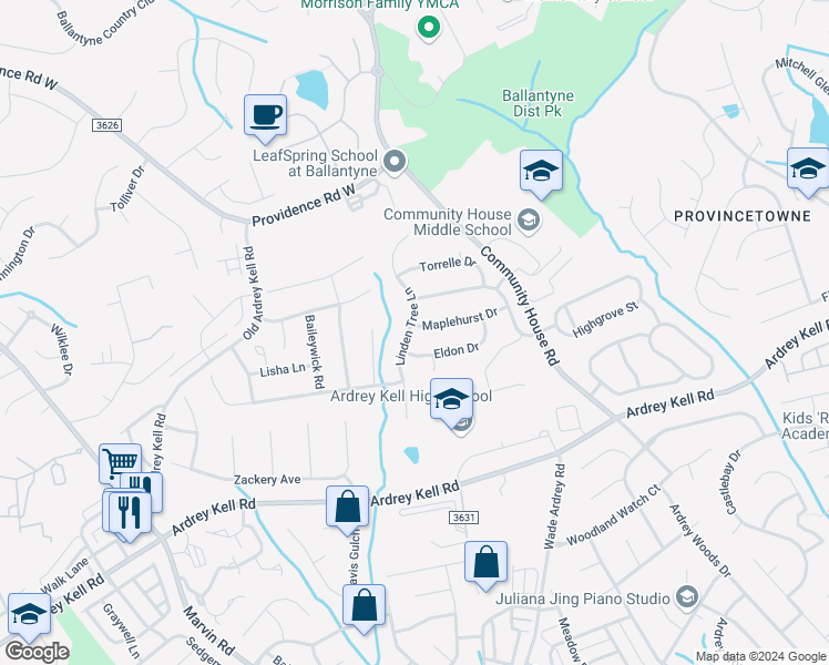 map of restaurants, bars, coffee shops, grocery stores, and more near 11215 Maplehurst Drive in Charlotte