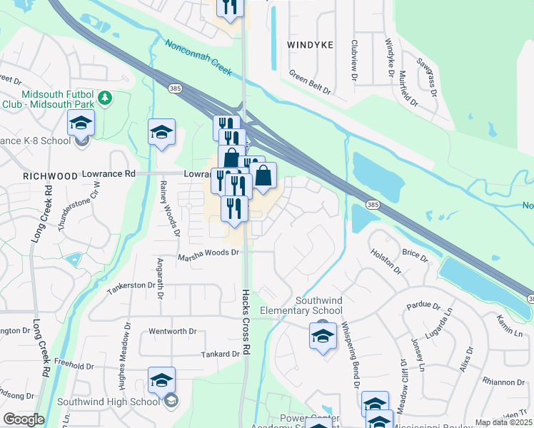 map of restaurants, bars, coffee shops, grocery stores, and more near Waterford Place in Memphis