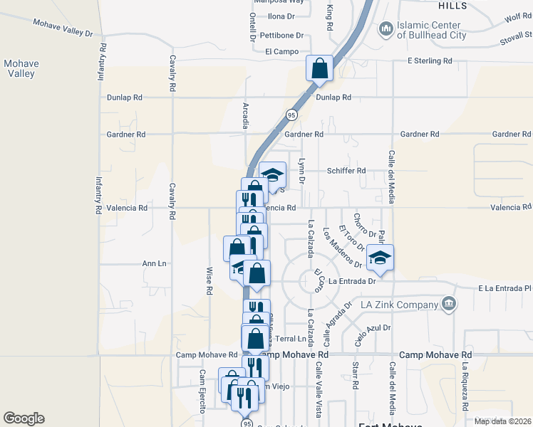 map of restaurants, bars, coffee shops, grocery stores, and more near 4277 Calle Viveza in Fort Mohave