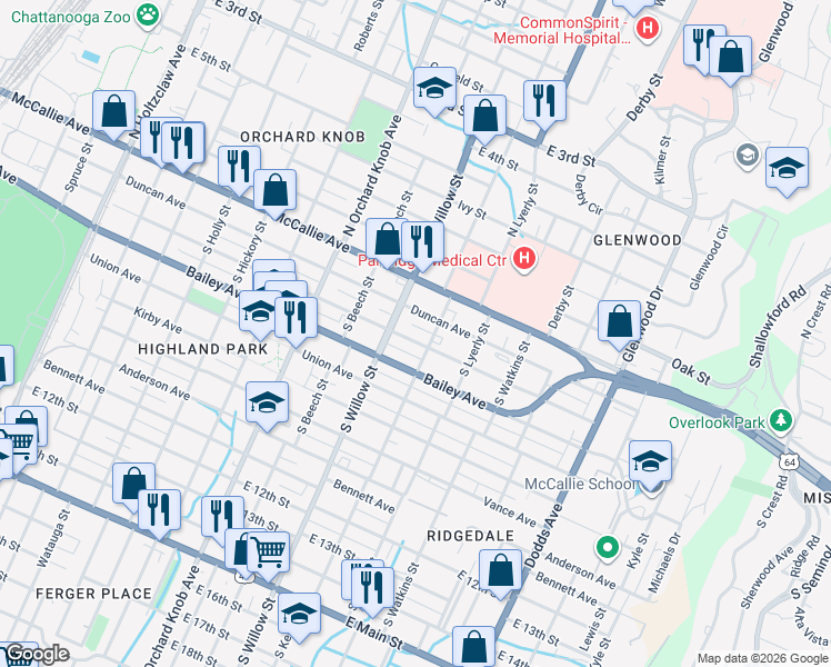 map of restaurants, bars, coffee shops, grocery stores, and more near 2112 Chamberlain Avenue in Chattanooga