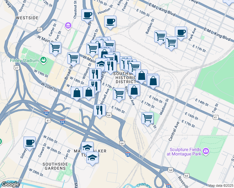 map of restaurants, bars, coffee shops, grocery stores, and more near 1704 Read Avenue in Chattanooga