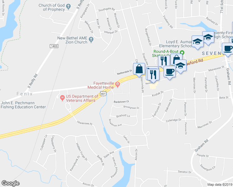 map of restaurants, bars, coffee shops, grocery stores, and more near 2313 Bentridge Lane in Fayetteville