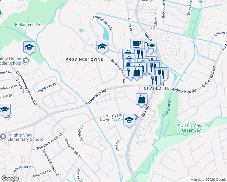 map of restaurants, bars, coffee shops, grocery stores, and more near 9048 Mcalwaine Preserve Avenue in Charlotte