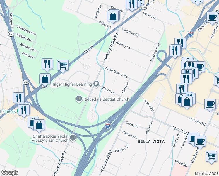 map of restaurants, bars, coffee shops, grocery stores, and more near 6822 Bacon Lane in Chattanooga