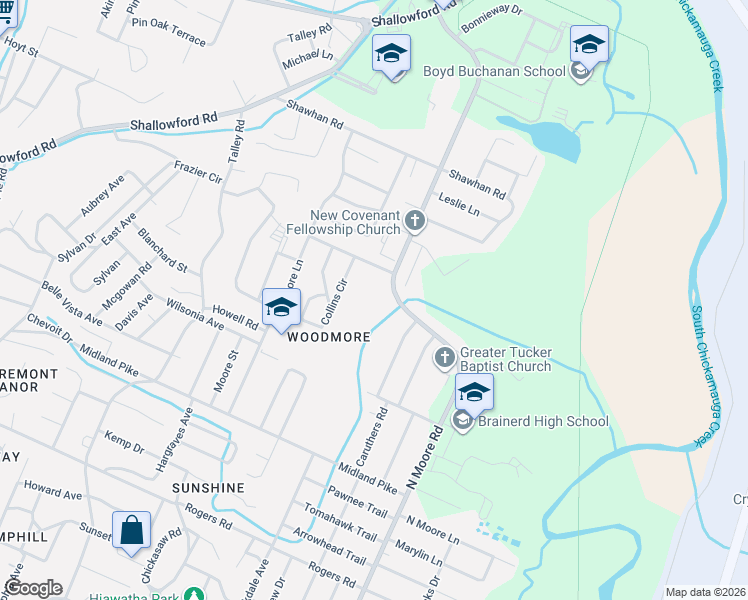 map of restaurants, bars, coffee shops, grocery stores, and more near 1283 North Moore Road in Chattanooga