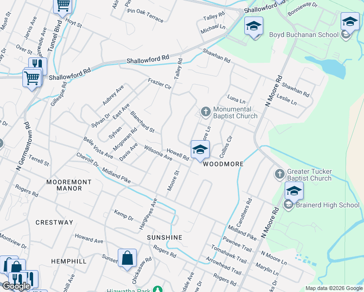 map of restaurants, bars, coffee shops, grocery stores, and more near 4312 Howell Road in Chattanooga