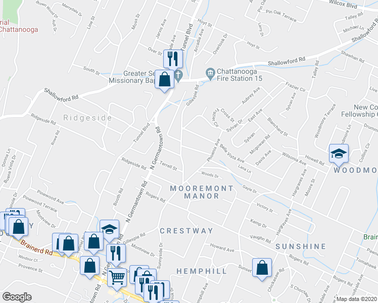 map of restaurants, bars, coffee shops, grocery stores, and more near 620 Gillespie Road in Chattanooga