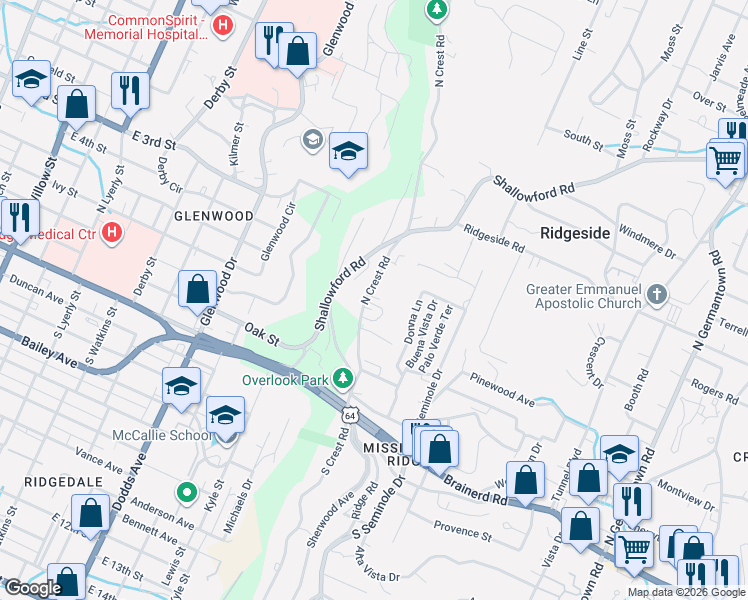 map of restaurants, bars, coffee shops, grocery stores, and more near 25 North Crest Road in Chattanooga