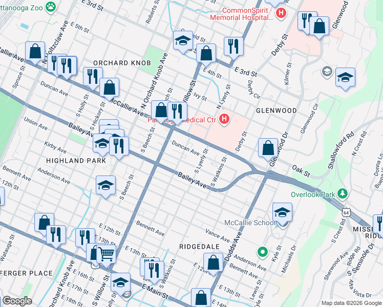 map of restaurants, bars, coffee shops, grocery stores, and more near 2209 Chamberlain Avenue in Chattanooga