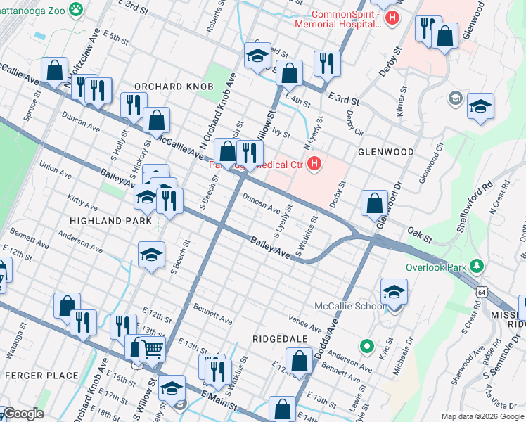 map of restaurants, bars, coffee shops, grocery stores, and more near 2209 Chamberlain Avenue in Chattanooga