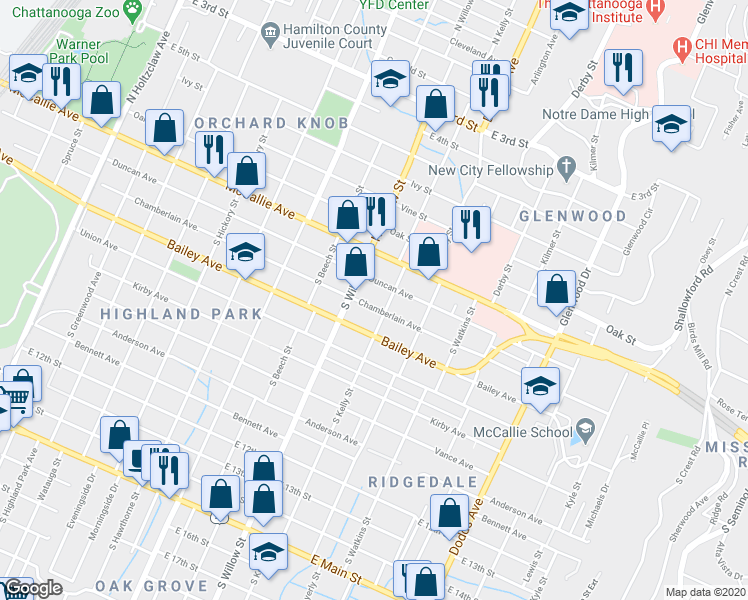 map of restaurants, bars, coffee shops, grocery stores, and more near 2112 Chamberlain Avenue in Chattanooga