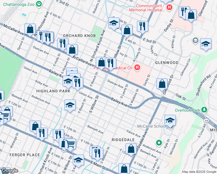 map of restaurants, bars, coffee shops, grocery stores, and more near 2112 Chamberlain Avenue in Chattanooga