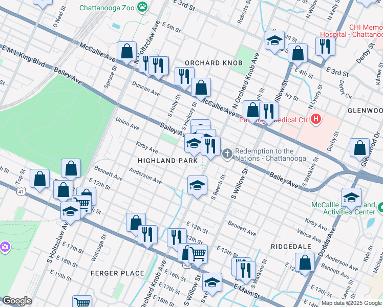 map of restaurants, bars, coffee shops, grocery stores, and more near 700 South Hawthorne Street in Chattanooga