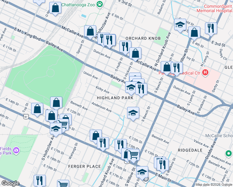 map of restaurants, bars, coffee shops, grocery stores, and more near 1702 Kirby Avenue in Chattanooga