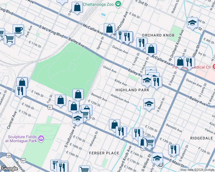 map of restaurants, bars, coffee shops, grocery stores, and more near 908 South Greenwood Avenue in Chattanooga