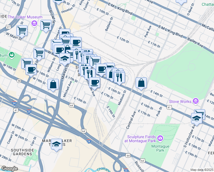 map of restaurants, bars, coffee shops, grocery stores, and more near 501 East 17th Street in Chattanooga