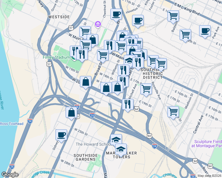 map of restaurants, bars, coffee shops, grocery stores, and more near 101 West 20th Street in Chattanooga
