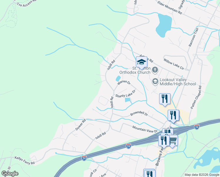 map of restaurants, bars, coffee shops, grocery stores, and more near 1609 Five Springs Drive in Chattanooga