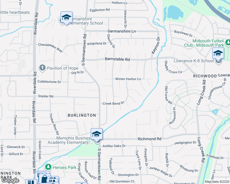 map of restaurants, bars, coffee shops, grocery stores, and more near 4256 Glenroy Drive in Memphis