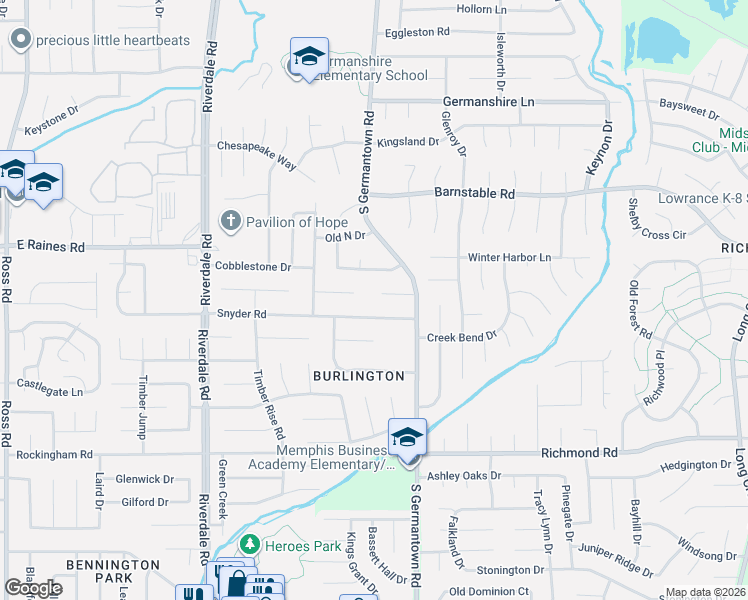 map of restaurants, bars, coffee shops, grocery stores, and more near 7160 Snyder Road in Memphis