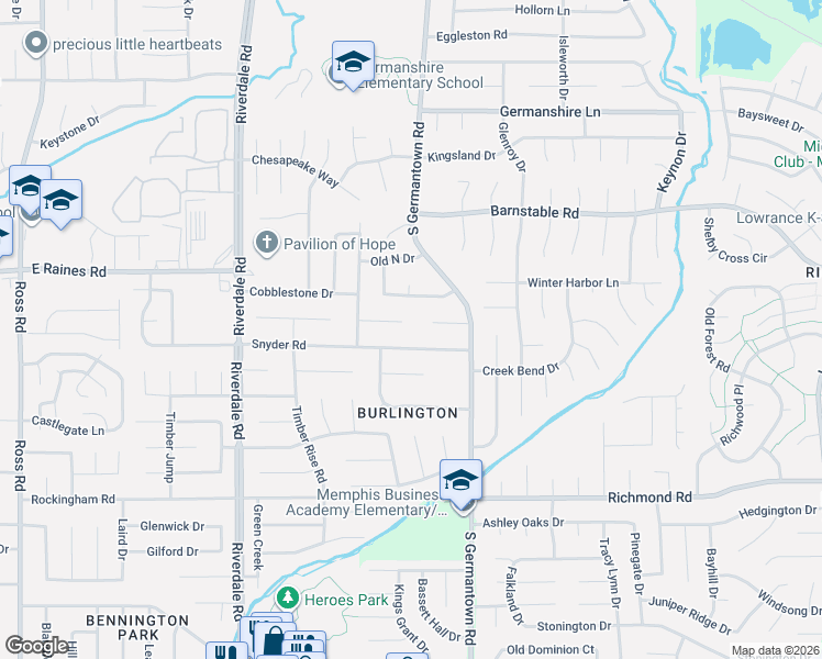 map of restaurants, bars, coffee shops, grocery stores, and more near 7160 Snyder Road in Memphis