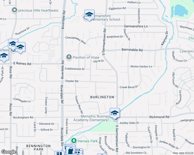 map of restaurants, bars, coffee shops, grocery stores, and more near 7120 Snyder Road in Memphis