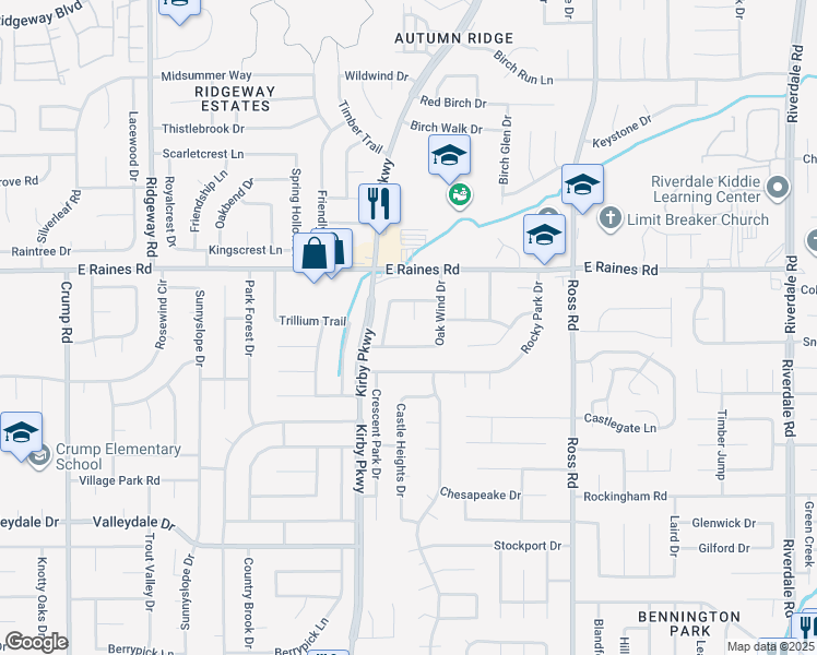 map of restaurants, bars, coffee shops, grocery stores, and more near 6486 Frosty Leaf Drive in Memphis