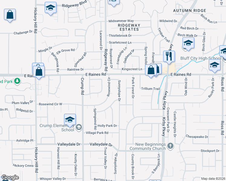 map of restaurants, bars, coffee shops, grocery stores, and more near 4212 Rosewind Circle in Memphis