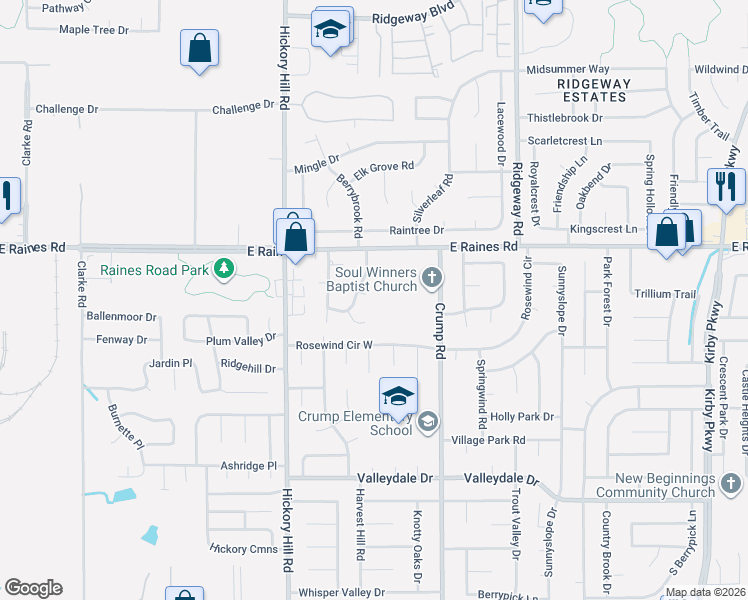 map of restaurants, bars, coffee shops, grocery stores, and more near 6016 Cedarcrest Court in Memphis