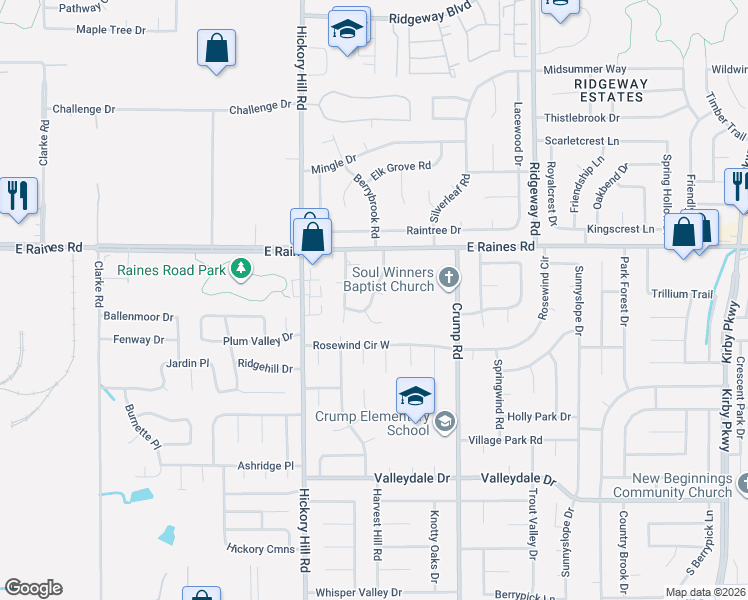 map of restaurants, bars, coffee shops, grocery stores, and more near 4244 Hickory Grove Drive in Memphis