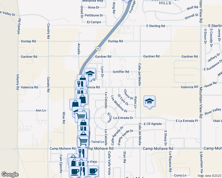 map of restaurants, bars, coffee shops, grocery stores, and more near 1628 Valencia Road in Fort Mohave